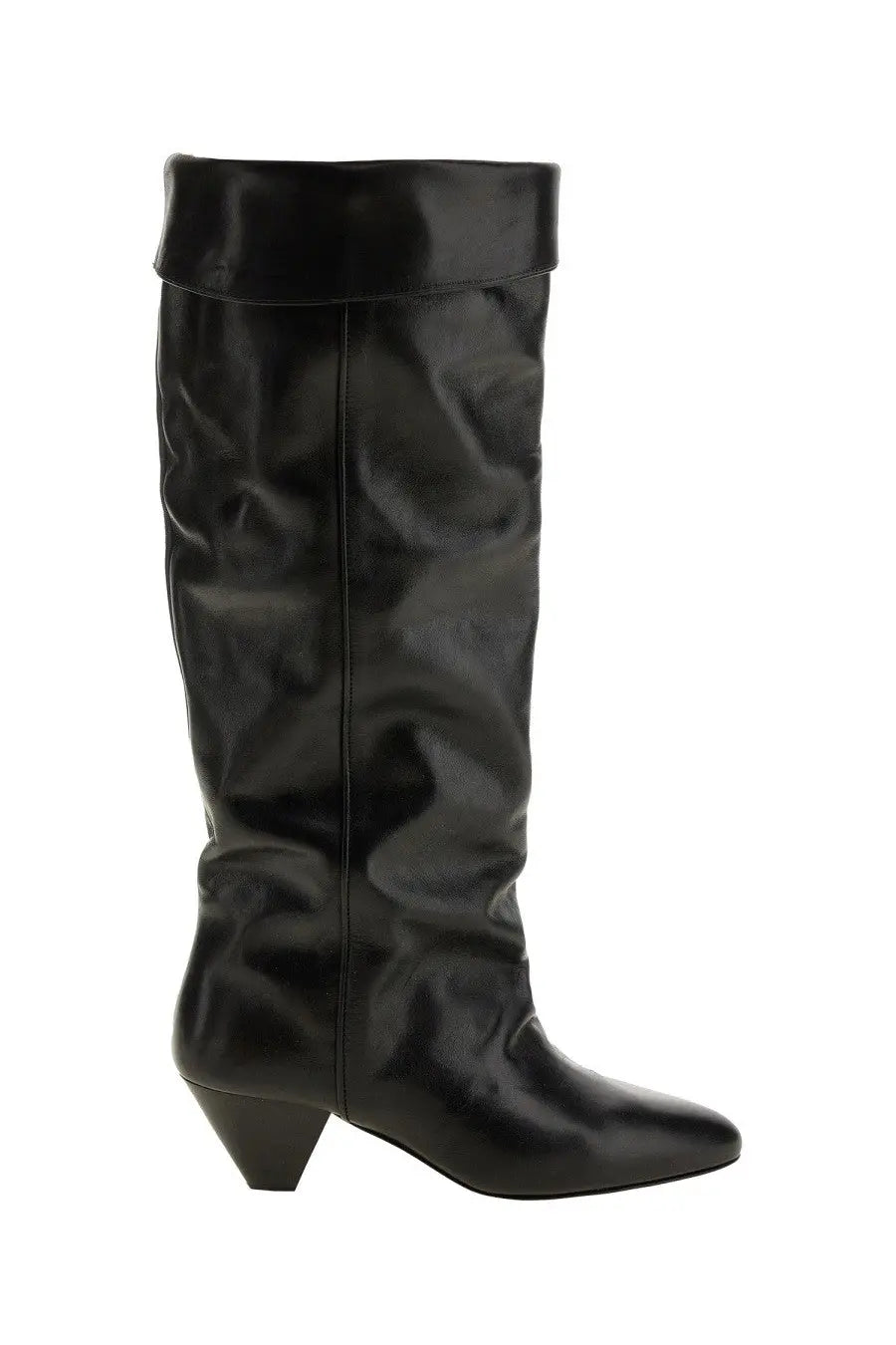 Isabel Marant women’s boot elita black patent leather knee-high boot with sleek glossy finish and low block heel