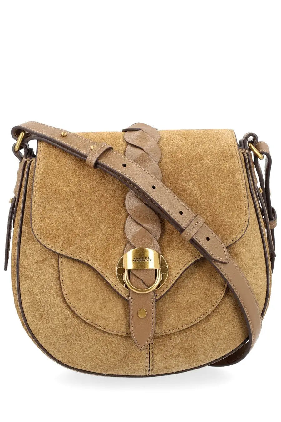 Tan suede isabel marant borsa altay beige saddle bag with braided leather strap and gold-tone hardware
