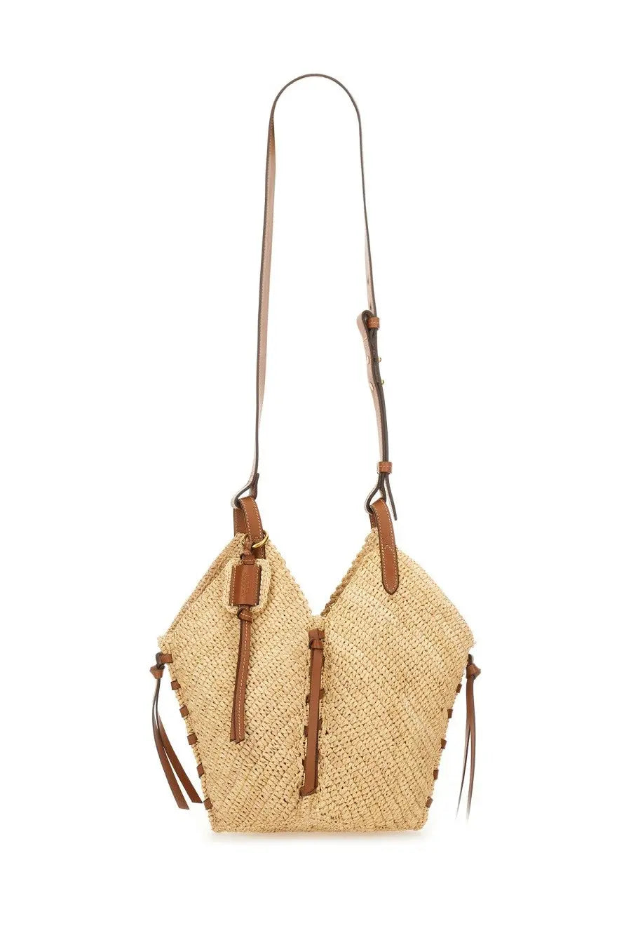 Isabel Marant women’s borsa losange mini beige beige woven straw shoulder bag with brown leather straps and tassels