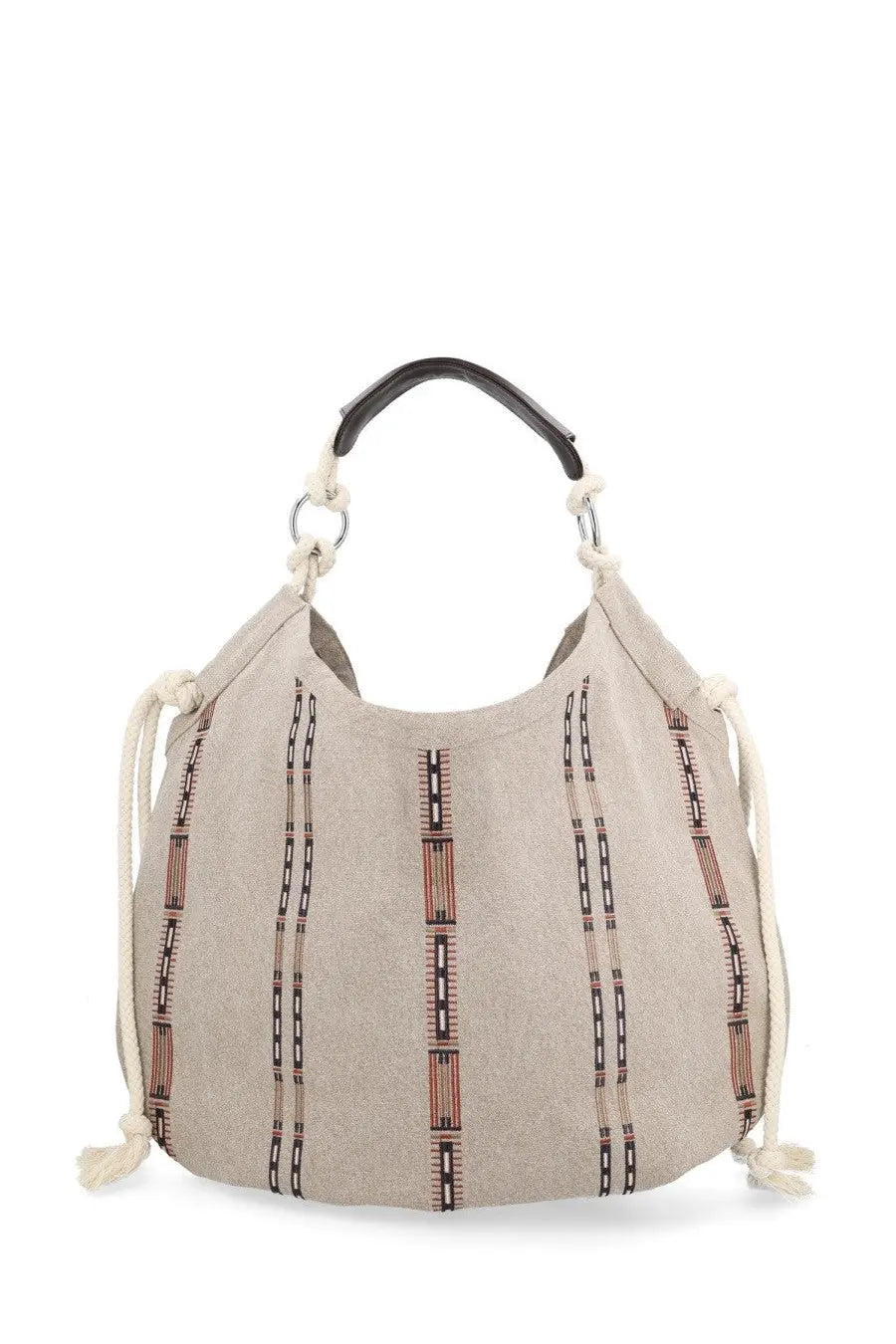 Isabel Marant women’s beige canvas hobo bag with black and rust geometric stripes black leather handle and cream drawstrings