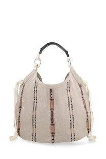Isabel Marant women’s beige canvas hobo bag with black and rust geometric stripes black leather handle and cream drawstrings
