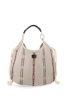 Isabel Marant women’s borsa tote byron beige canvas hobo bag with brown and black vertical stripes leather handle