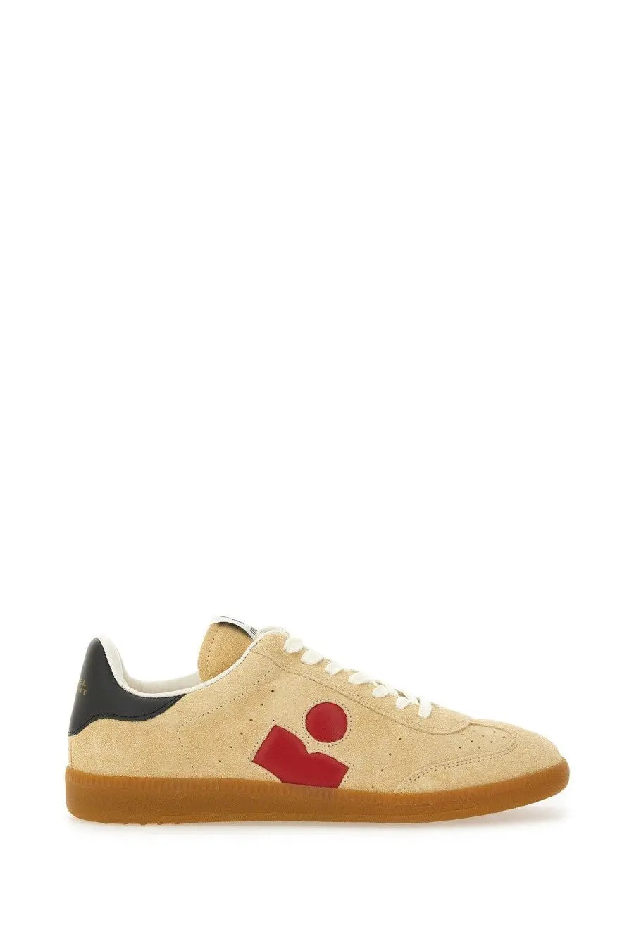 Isabel Marant women’s Bryce sneaker grey beige suede with bold red abstract logo and black heel tab side view