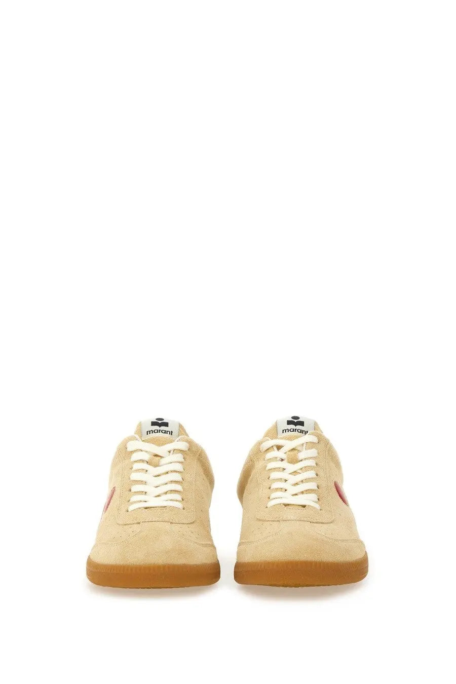Isabel Marant women’s Bryce sneaker in grey beige suede with white laces and gum rubber sole featuring red branding