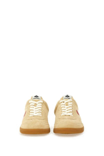 Isabel Marant women’s Bryce sneaker in grey beige suede with white laces and gum rubber sole featuring red branding