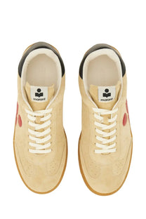 Isabel Marant women’s Bryce sneaker grey beige suede with black heel tabs red heart accents and white laces side view