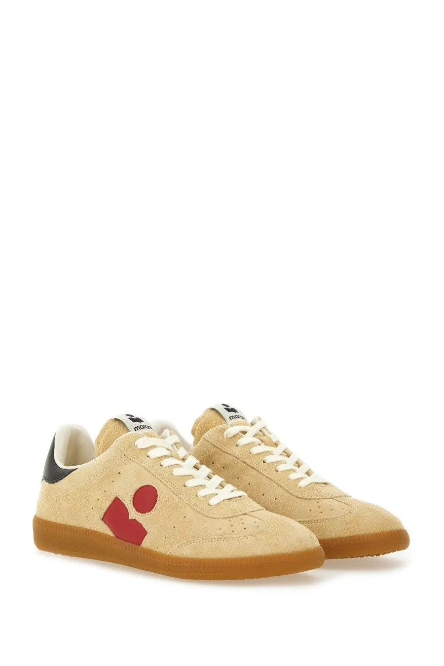 Isabel Marant women’s Bryce sneaker grey in beige suede with bold red logo black heel tab and gum rubber sole