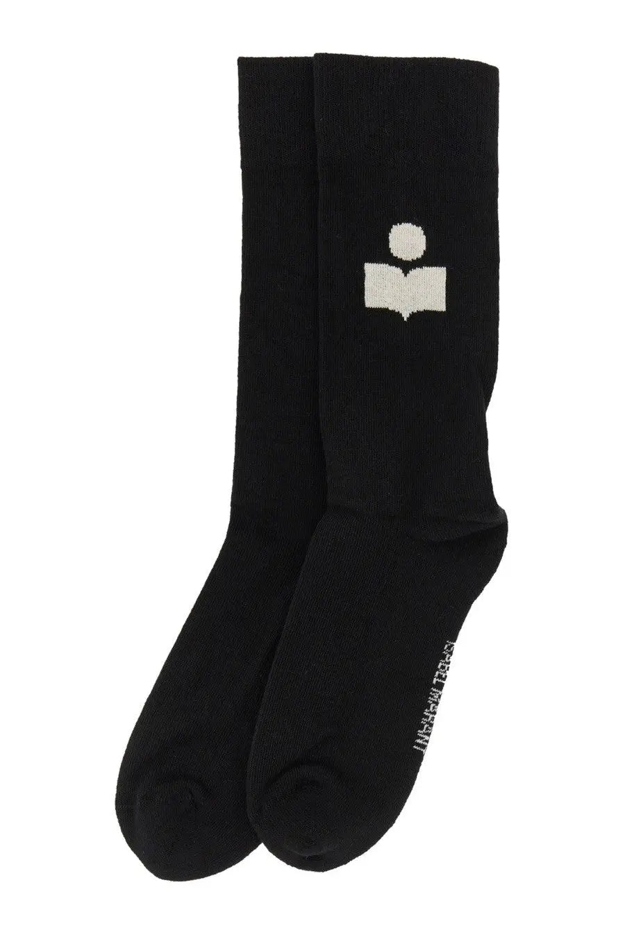 Isabel Marant women’s black crew socks with white embroidered logo of a figure holding an open book