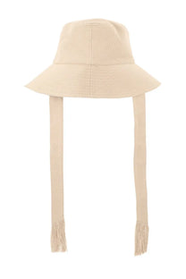 Beige isabel marant womens bucket hat with wide brim and matching fabric ties ending in fringes