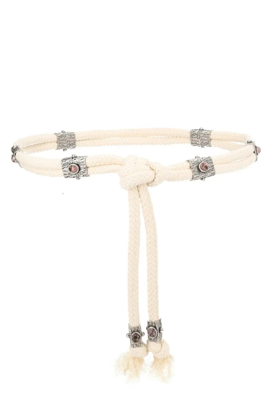 Isabel Marant women’s cintura Aleea beige cream woven belt with silver textured buckles and pink gemstone tassels