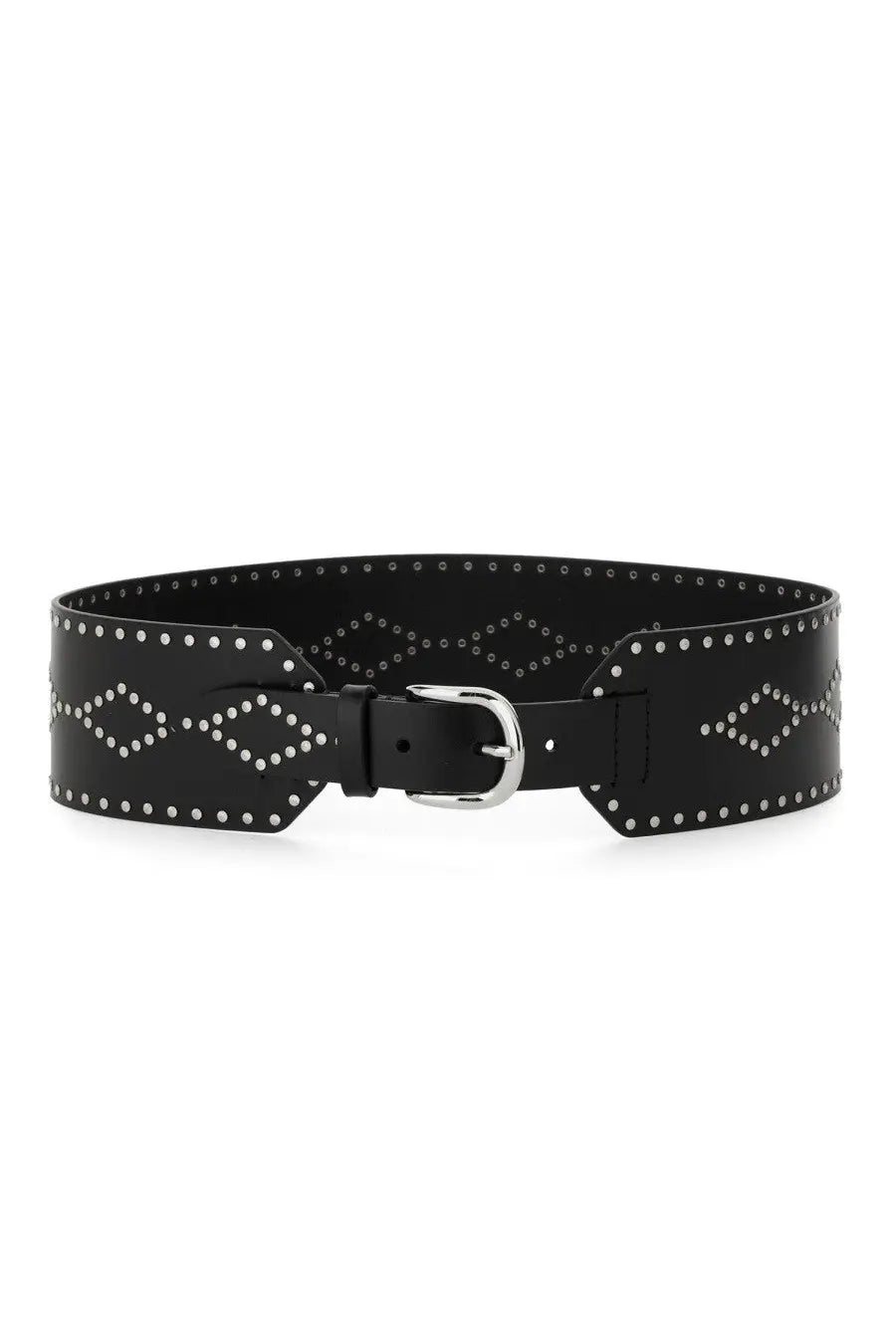 Isabel Marant women’s black leather belt with silver-toned studded diamond patterns and matching buckle
