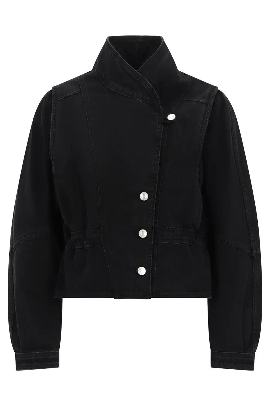 Isabel Marant women’s Dolie GZ cropped black denim jacket with high collar and silver buttons