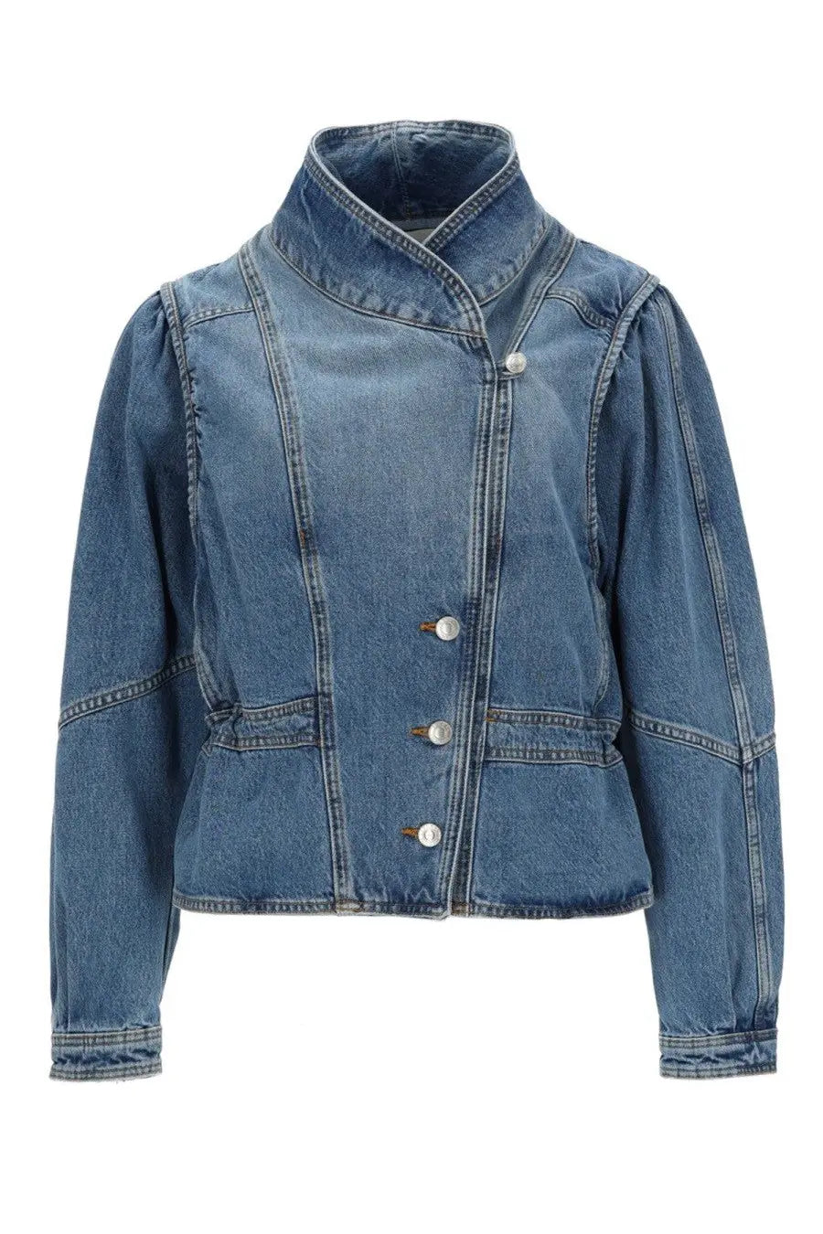Isabel Marant women’s dolie gz jacket in medium-wash denim with high collar button closures and patch pockets