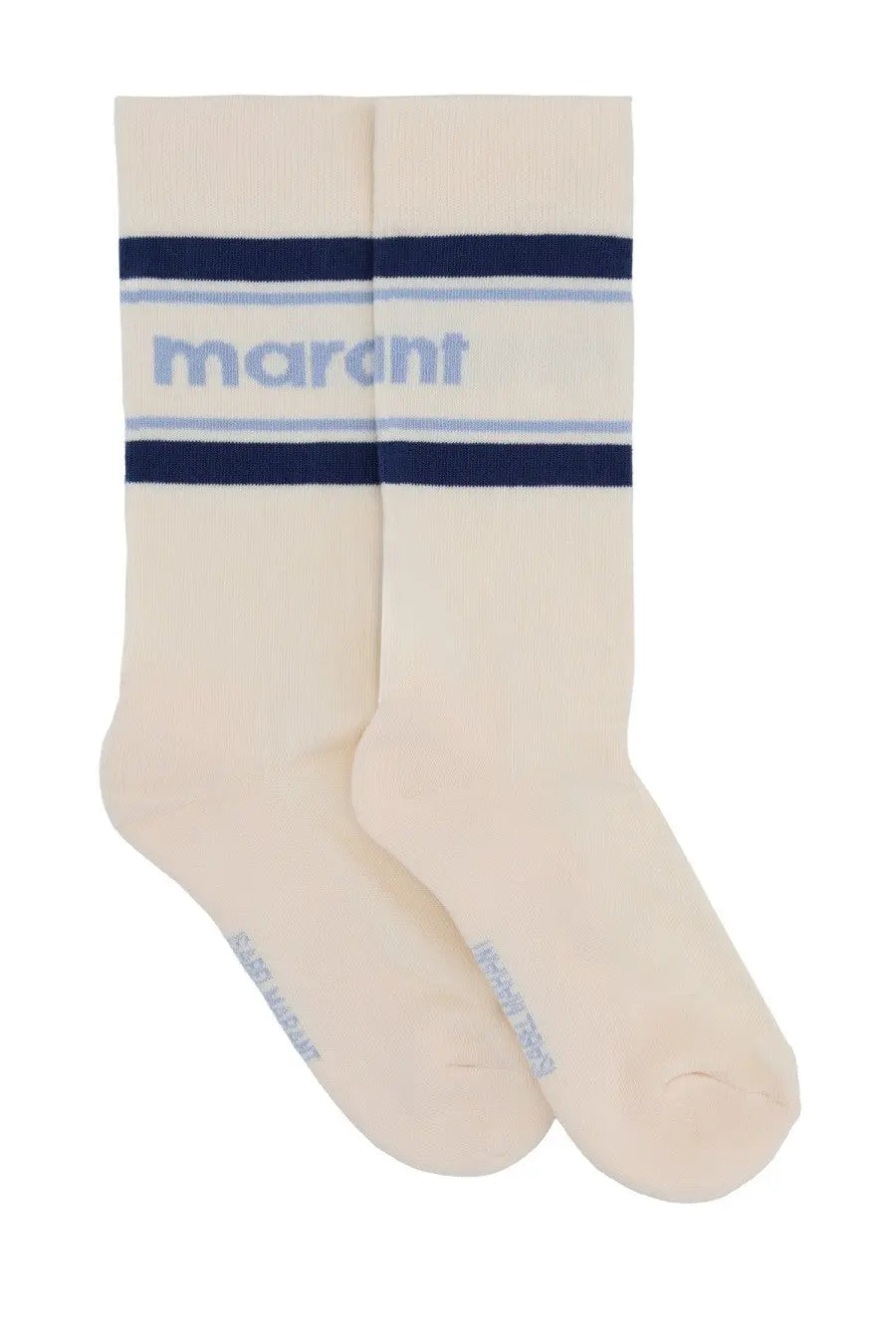 Cream-colored isabel marant women’s dona socks with navy blue stripes and light blue lettering