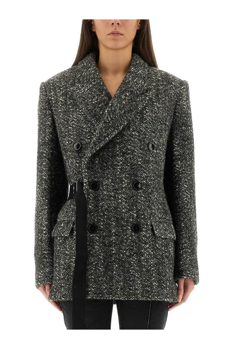 Isabel Marant women’s ezzia black herringbone tweed double-breasted blazer with black buttons and matching belt