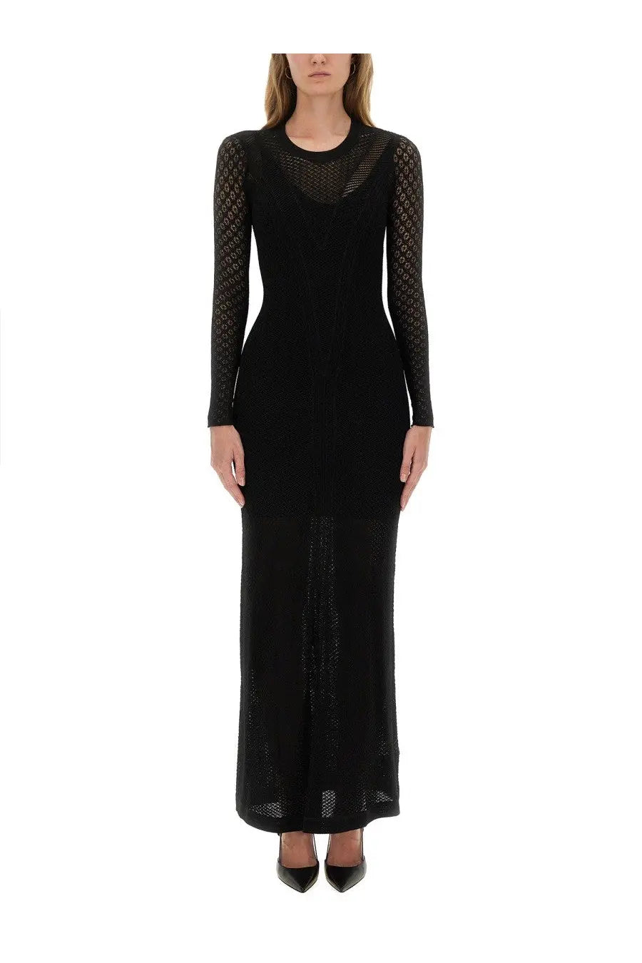 Isabel Marant women’s black long-sleeved dress with sheer mesh panels at neckline and lower hem