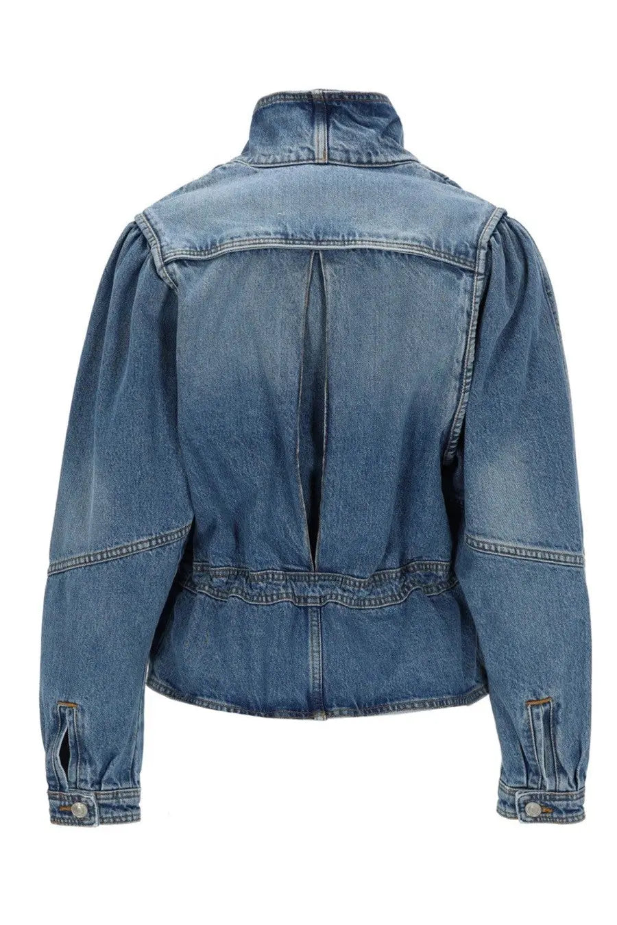 Isabel Marant women’s giacca dolie medium-wash blue denim jacket with high collar and puffed sleeves