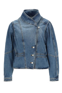 Isabel Marant women’s giacca dolie blue medium-wash denim jacket with high collar button closures and patch pockets