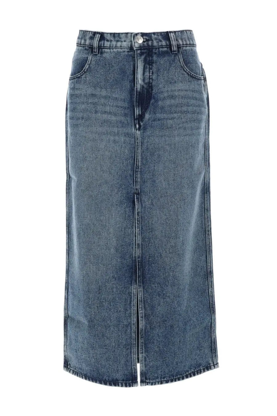Isabel Marant women’s gonna faharia blue mid-blue denim midi skirt with straight cut front zipper and five-pocket design