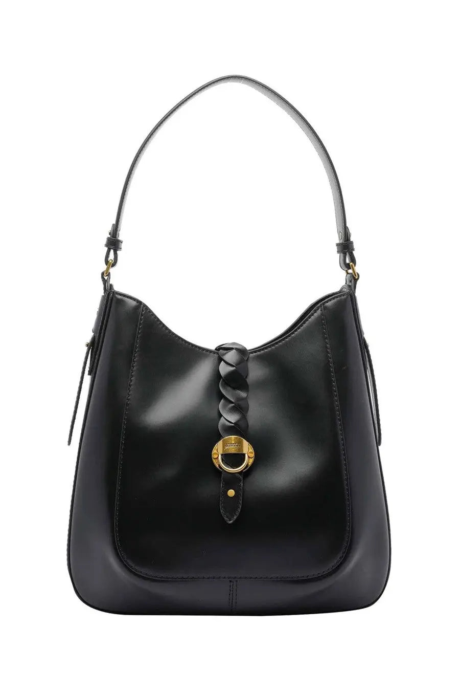 Isabel Marant women’s black leather hobo bag with gold-tone braided strap and buckle for stylish everyday use