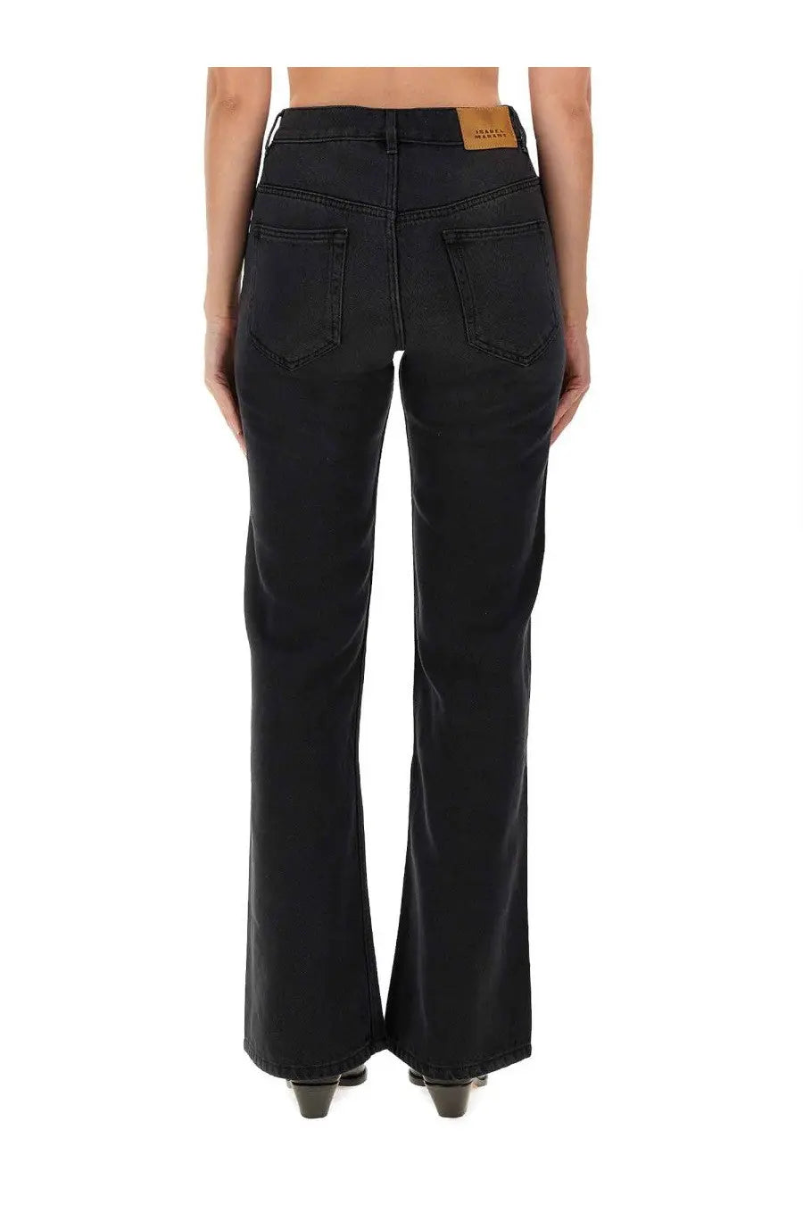 Isabel Marant women’s black denim flare jeans with a brown leather brand patch on the waistband back side