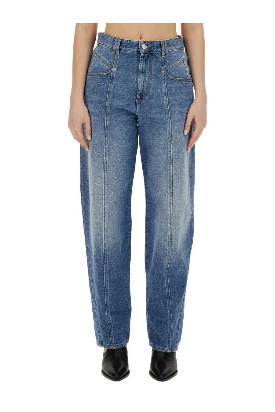 Isabel Marant women’s high-waisted blue denim jeans with faded wash and straight-leg cut front view