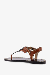 Isabel Marant women’s joonya flat brown leather thong sandal with gold-tone studs and black sole