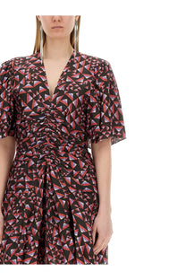 Isabel Marant women’s Lienne dress black with red and purple geometric triangles, short puffed sleeves, ruched waist