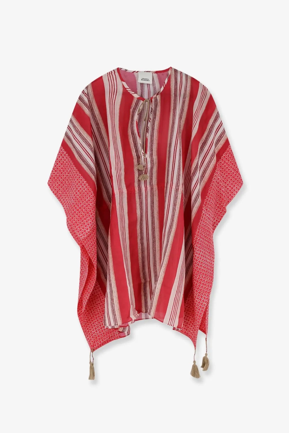 Isabel Marant women’s Loreliz cotton and silk beach robe dress in vibrant red and cream striped kaftan with tassels