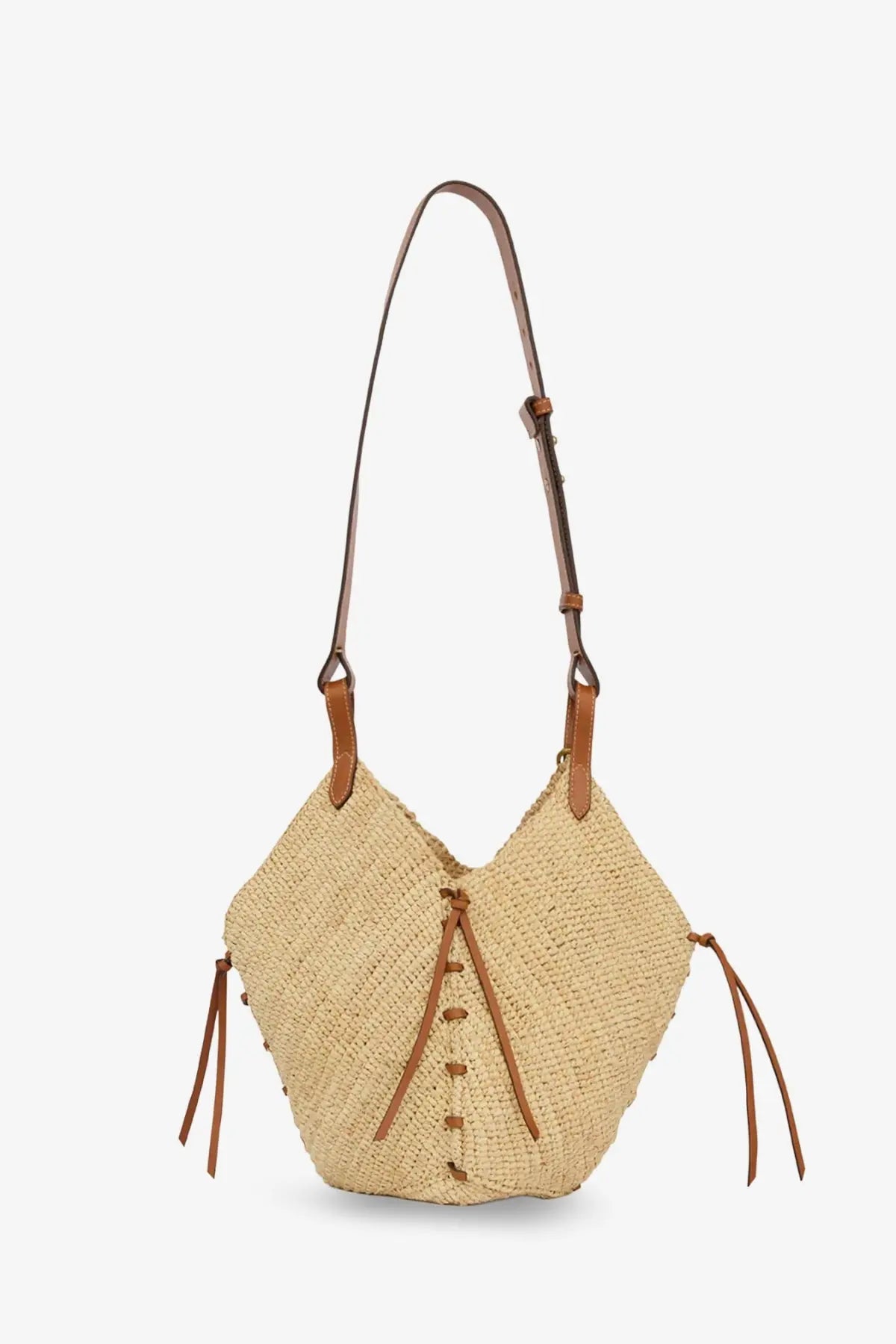 Beige woven straw losange raffia shoulder bag with brown leather straps and tassels by Isabel Marant women’s