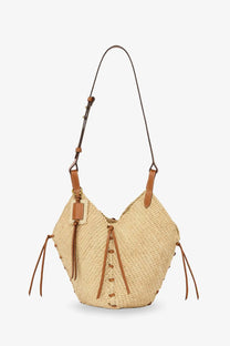 Beige woven straw shoulder bag with tan leather straps and tassels isabel marant losange raffia shoulder bag white