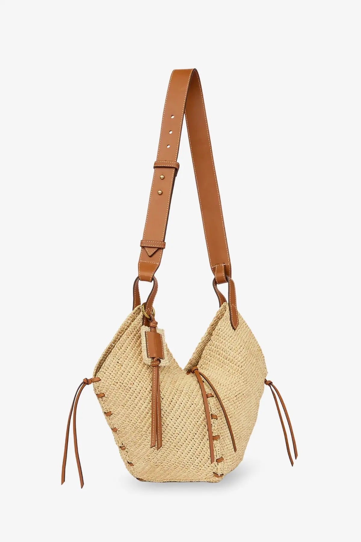 Isabel Marant women’s losange raffia shoulder bag in beige woven straw with tan leather straps and tassels