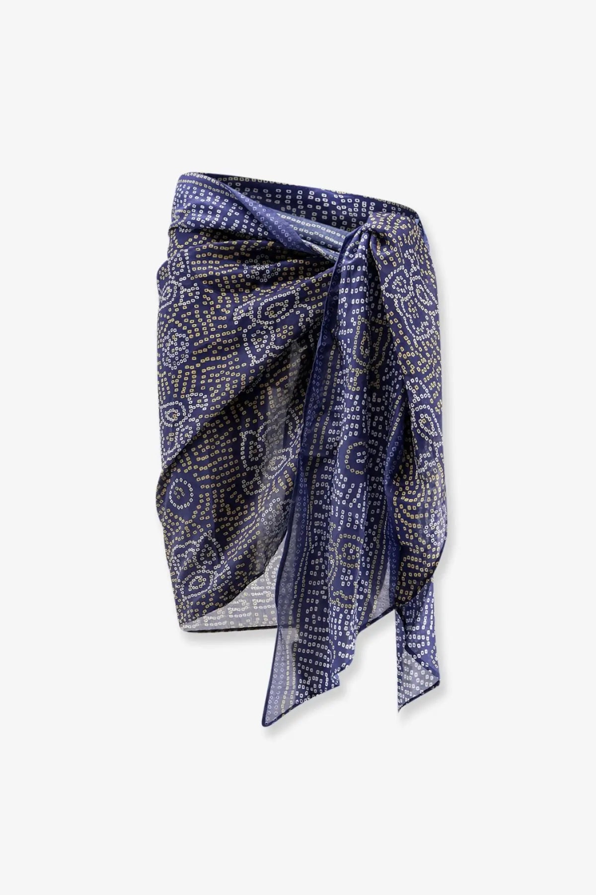 Isabel Marant women’s navy blue sheer cotton and silk blend wrap skirt with white geometric pattern and waist tie