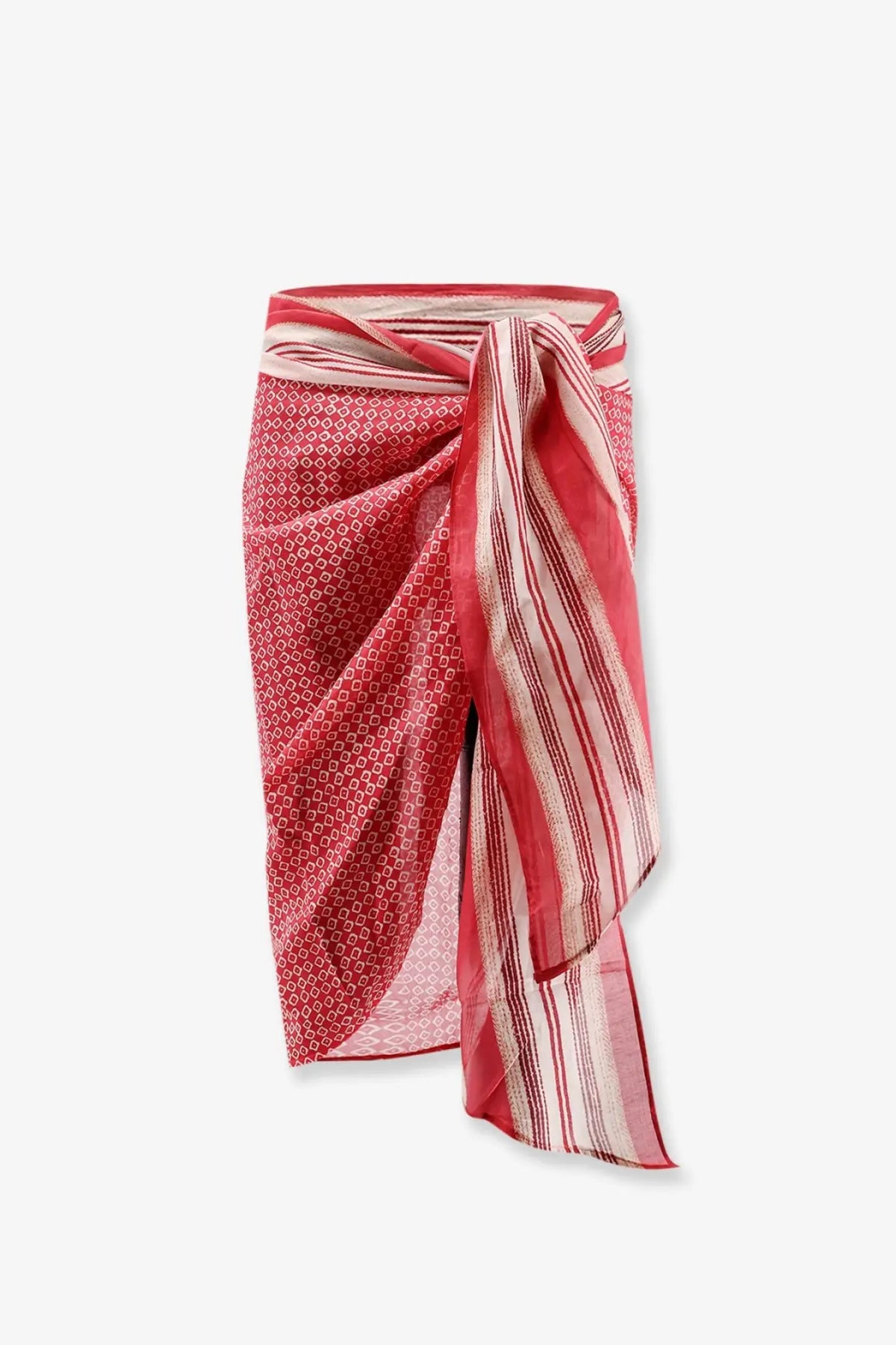 Isabel Marant women’s red and white patterned wrap skirt made of lightweight cotton and silk blend pareo scarf