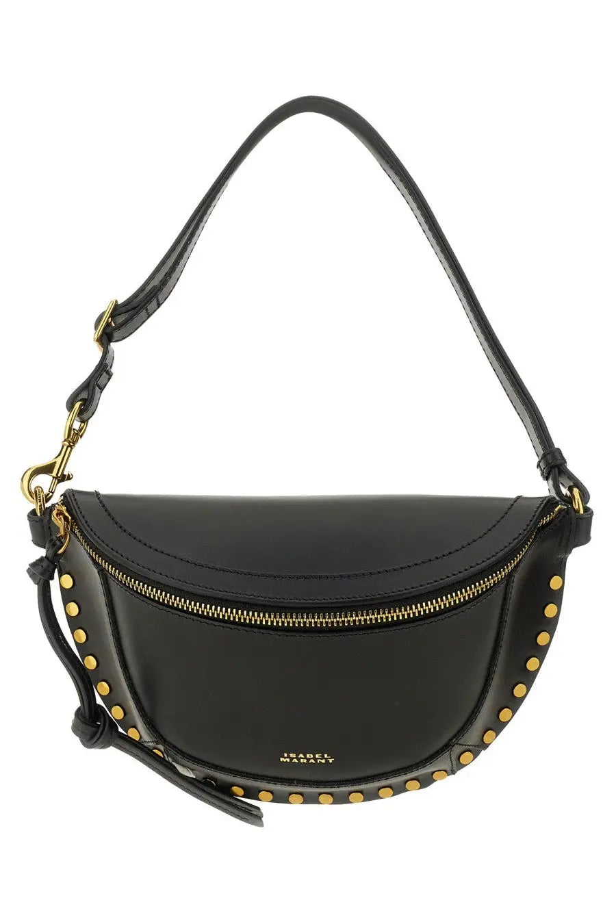 Isabel Marant women’s Marsupio Skano black leather crescent-shaped crossbody bag with gold-tone studs and zipper hardware