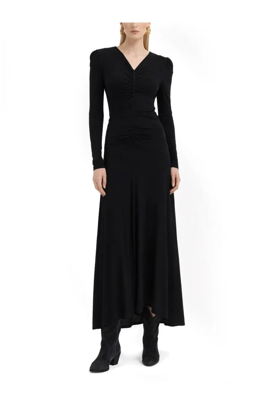 Isabel Marant women’s black long-sleeved maxi dress with v-neckline and ruched bodice in sleek fabric
