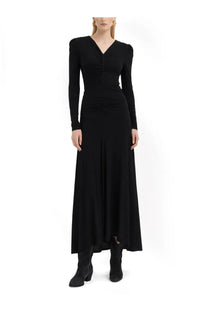 Isabel Marant women’s black long-sleeved maxi dress with v-neckline and ruched bodice in sleek fabric