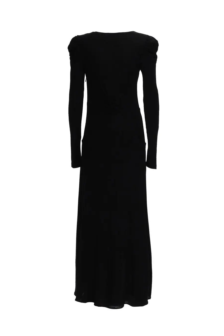 Isabel Marant women’s black long-sleeved evening gown with ruched shoulders and flowing silhouette