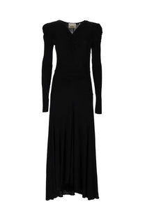 Isabel Marant women’s Black long-sleeved v-neck midi dress with ruched shoulders and fitted silhouette