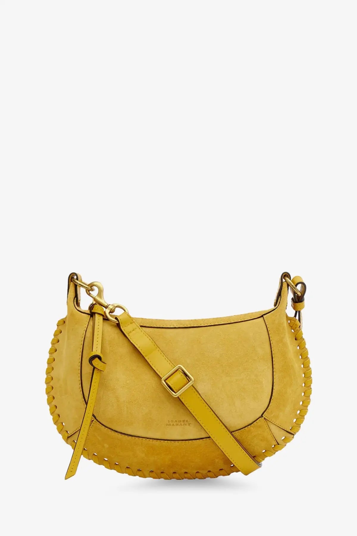 Isabel Marant women’s oskan moon mustard-yellow suede crossbody bag with braided leather trim and gold-tone hardware