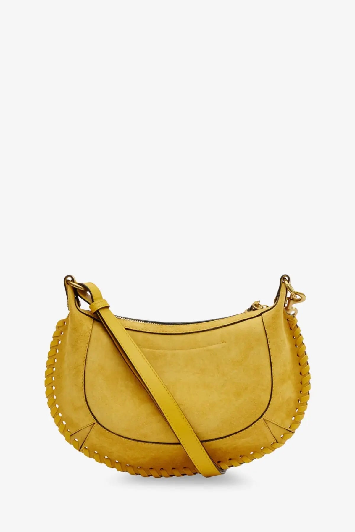Isabel Marant women’s oskan moon suede crossbody bag in mustard yellow with braided leather trim and gold-tone hardware