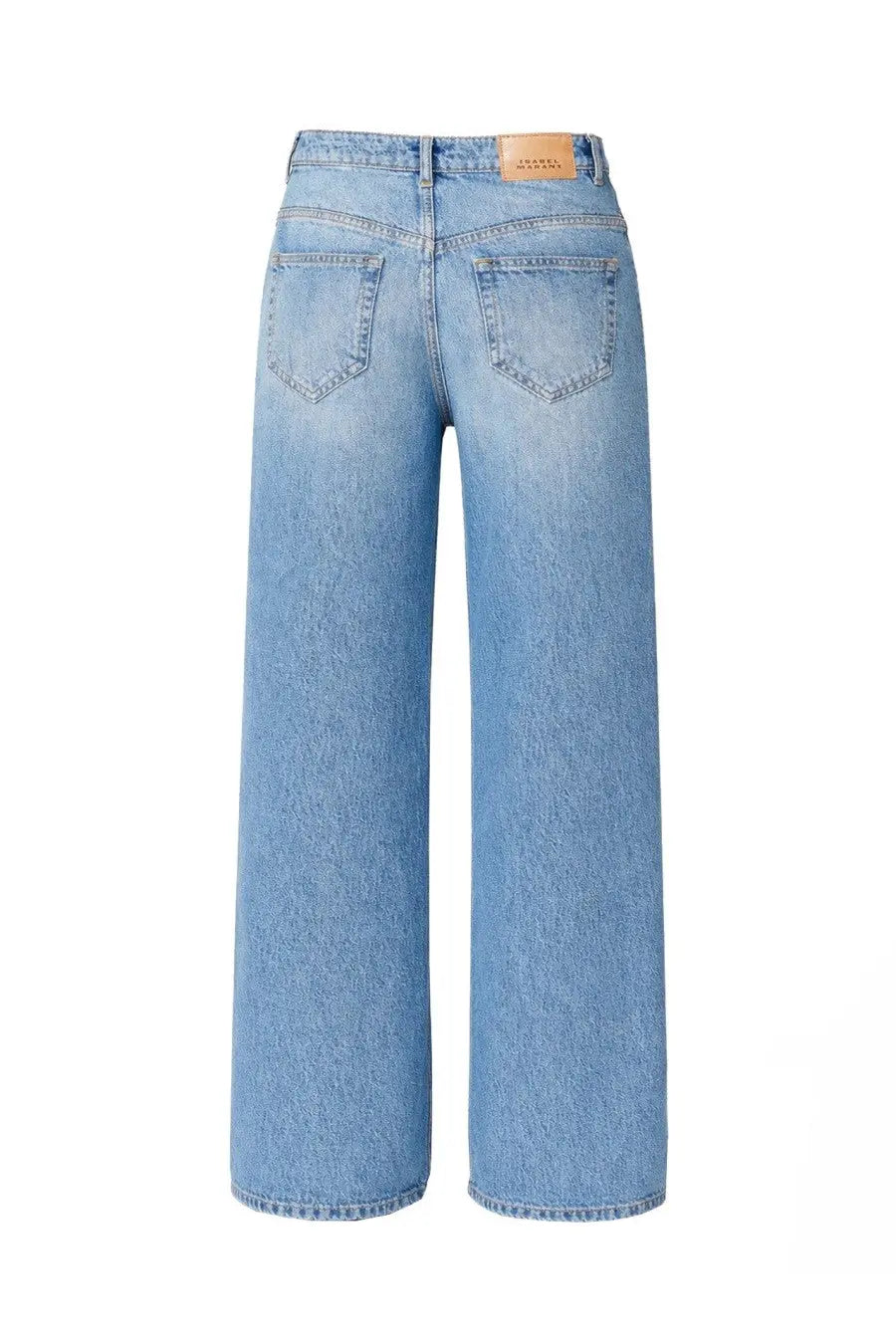 Isabel Marant women’s light-wash denim pantalone lemony blue with wide-leg cut and classic back pockets shown from the back