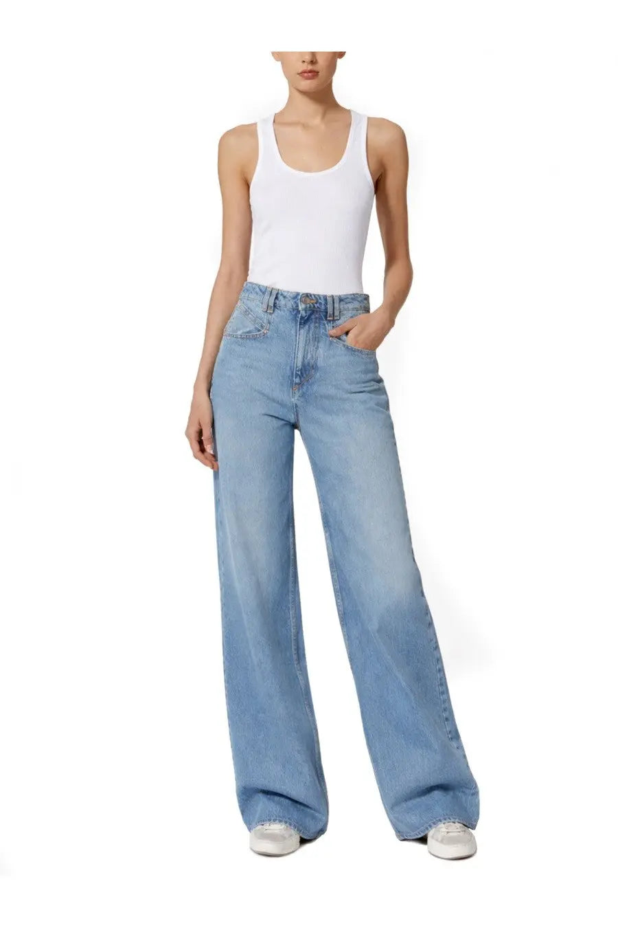 Isabel Marant light-wash denim wide-leg jeans in lemony blue with high waist and classic five-pocket design