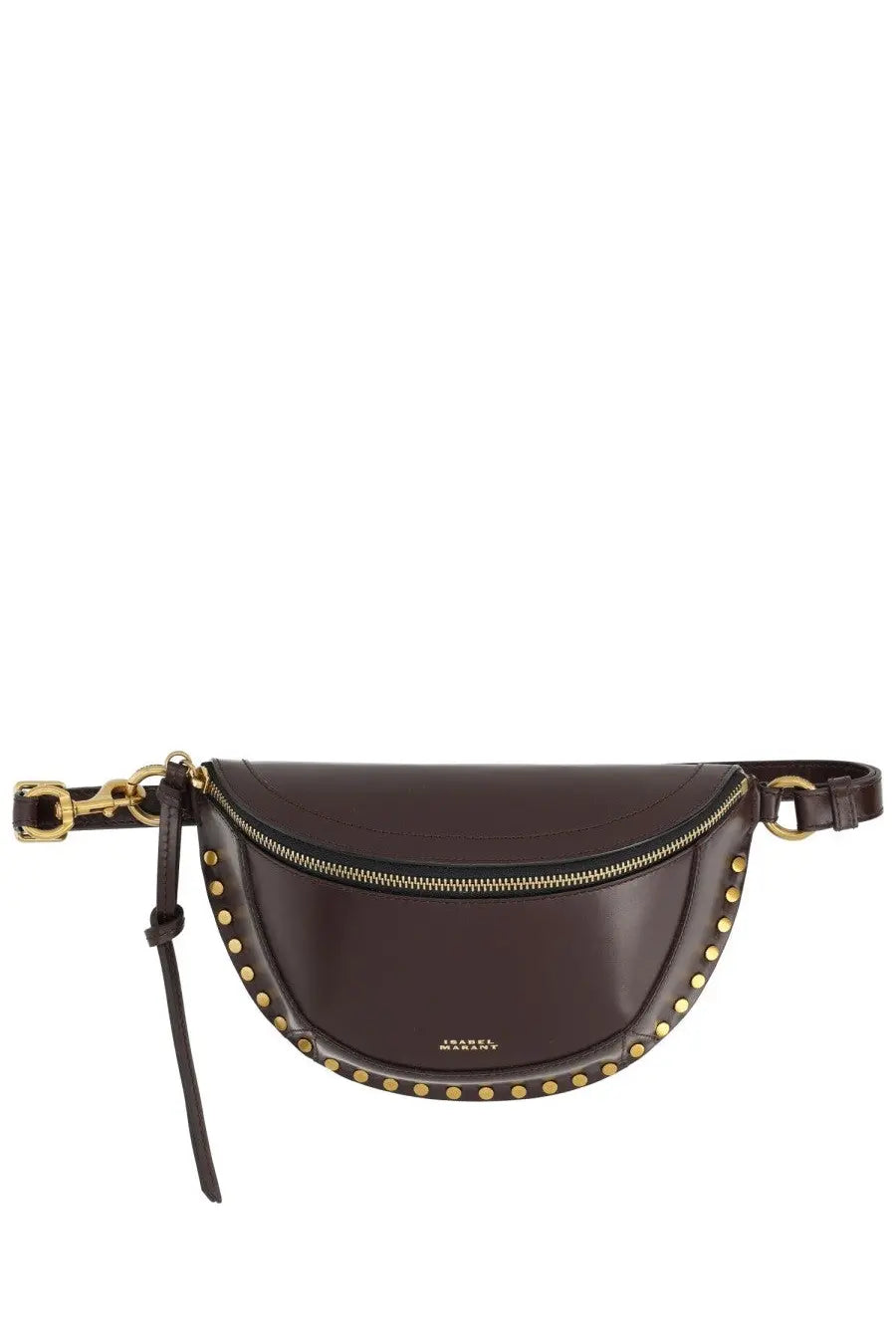 Isabel Marant women’s pouch skano brown leather belt bag with gold-tone studs and zipper closure