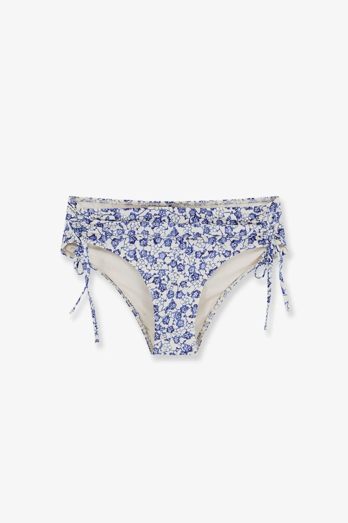 Isabel Marant women’s prudi bikini slip blue with blue and white floral print ruched waistband and side ties