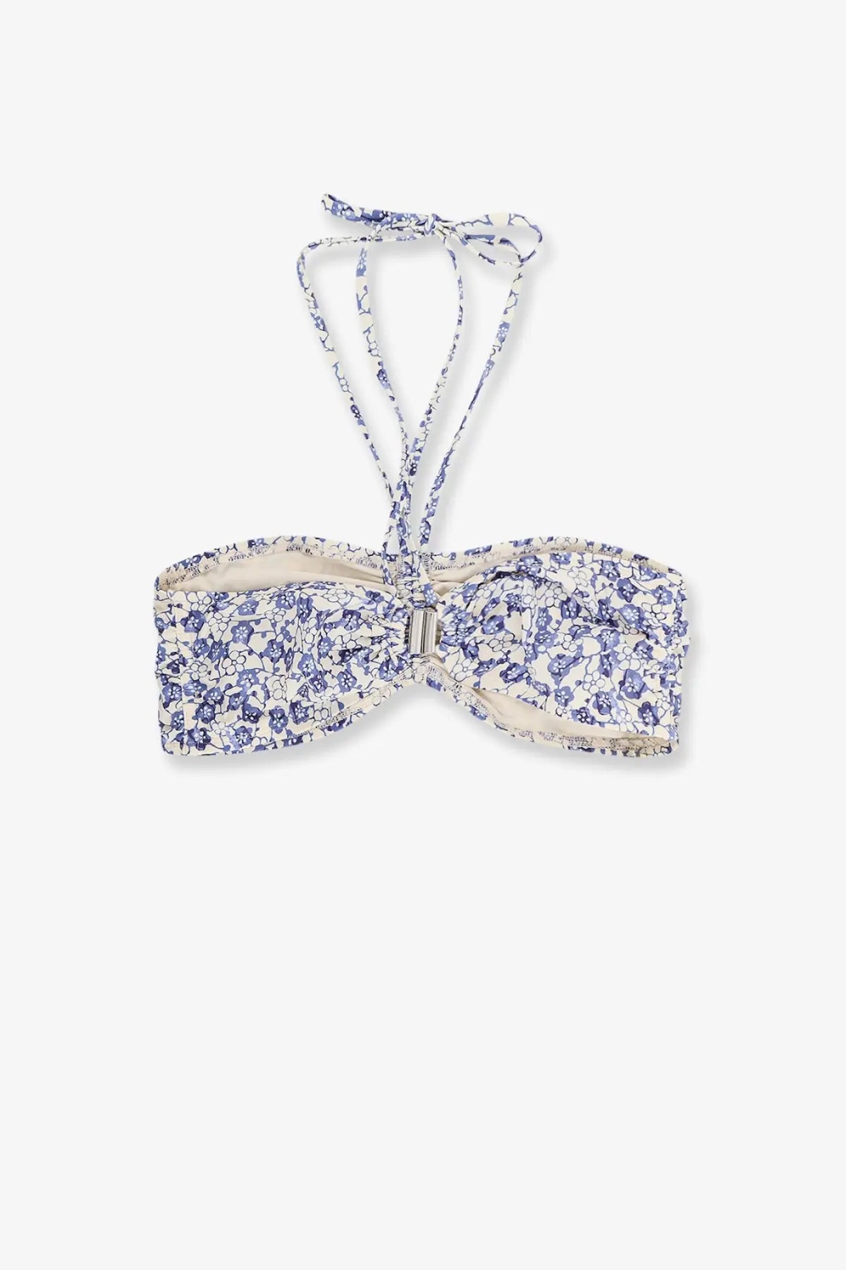 Isabel Marant women’s Salma bikini top in blue with delicate white floral print and adjustable tie straps