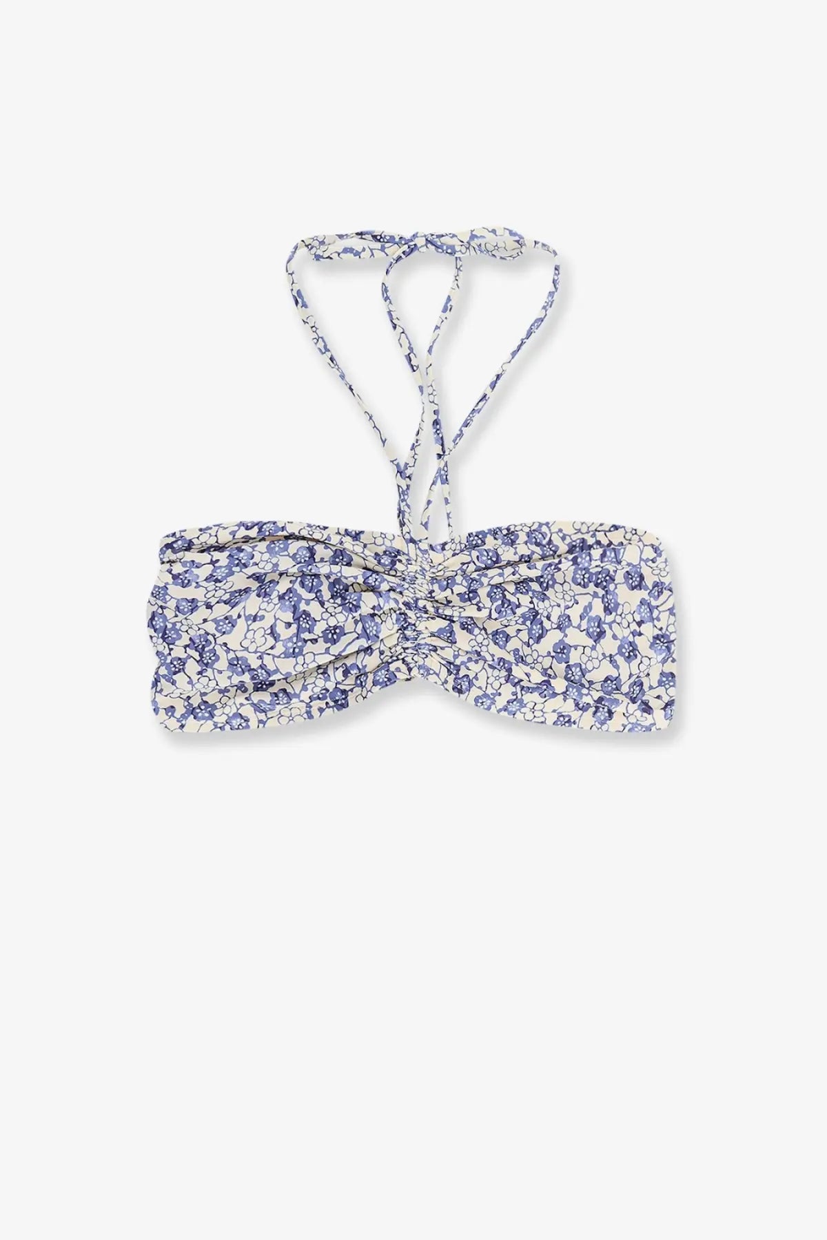 Isabel Marant women’s Salma bikini top in blue featuring a delicate white and purple floral print bandeau with thin straps