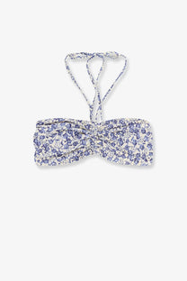 Isabel Marant women’s Salma bikini top in blue featuring a delicate white and purple floral print bandeau with thin straps