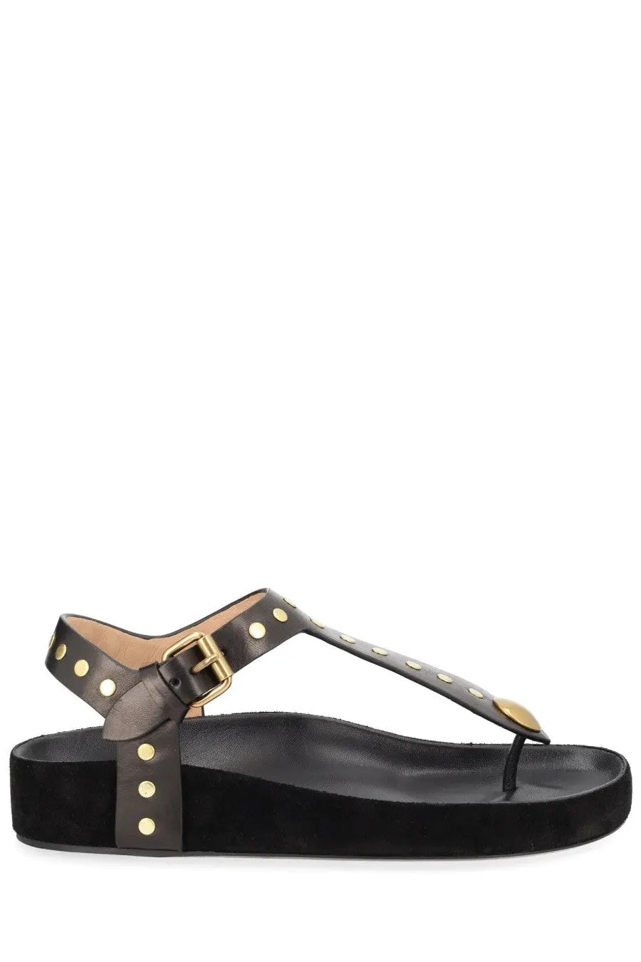 Isabel Marant women’s black suede platform thong sandal with gold-tone studs and buckle strap