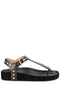 Isabel Marant women’s black suede platform thong sandal with gold-tone studs and buckle strap